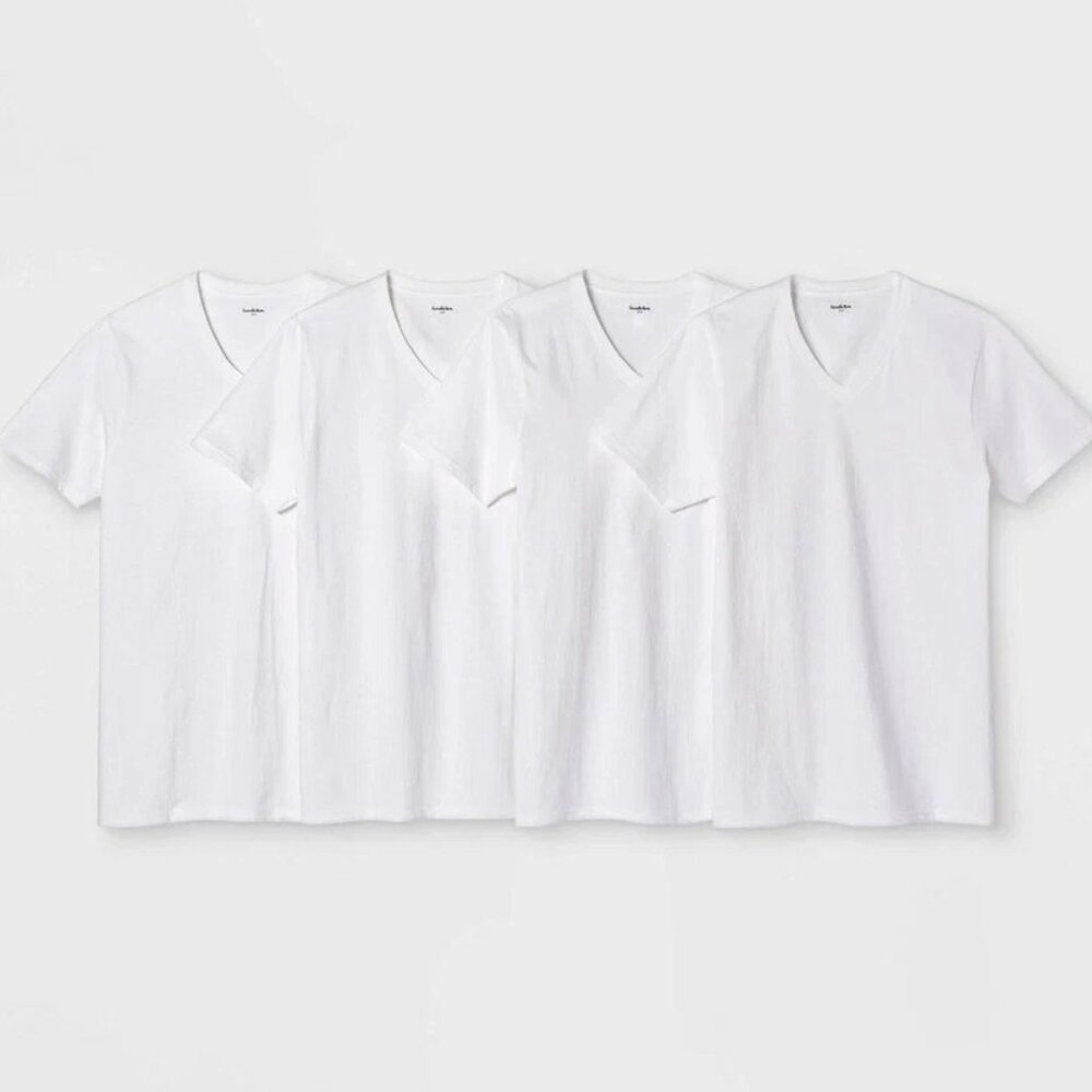 Men's 4pk V-Neck T-Shirt - Goodfellow & Co™ White M: Cotton Jersey, Short Sleeve